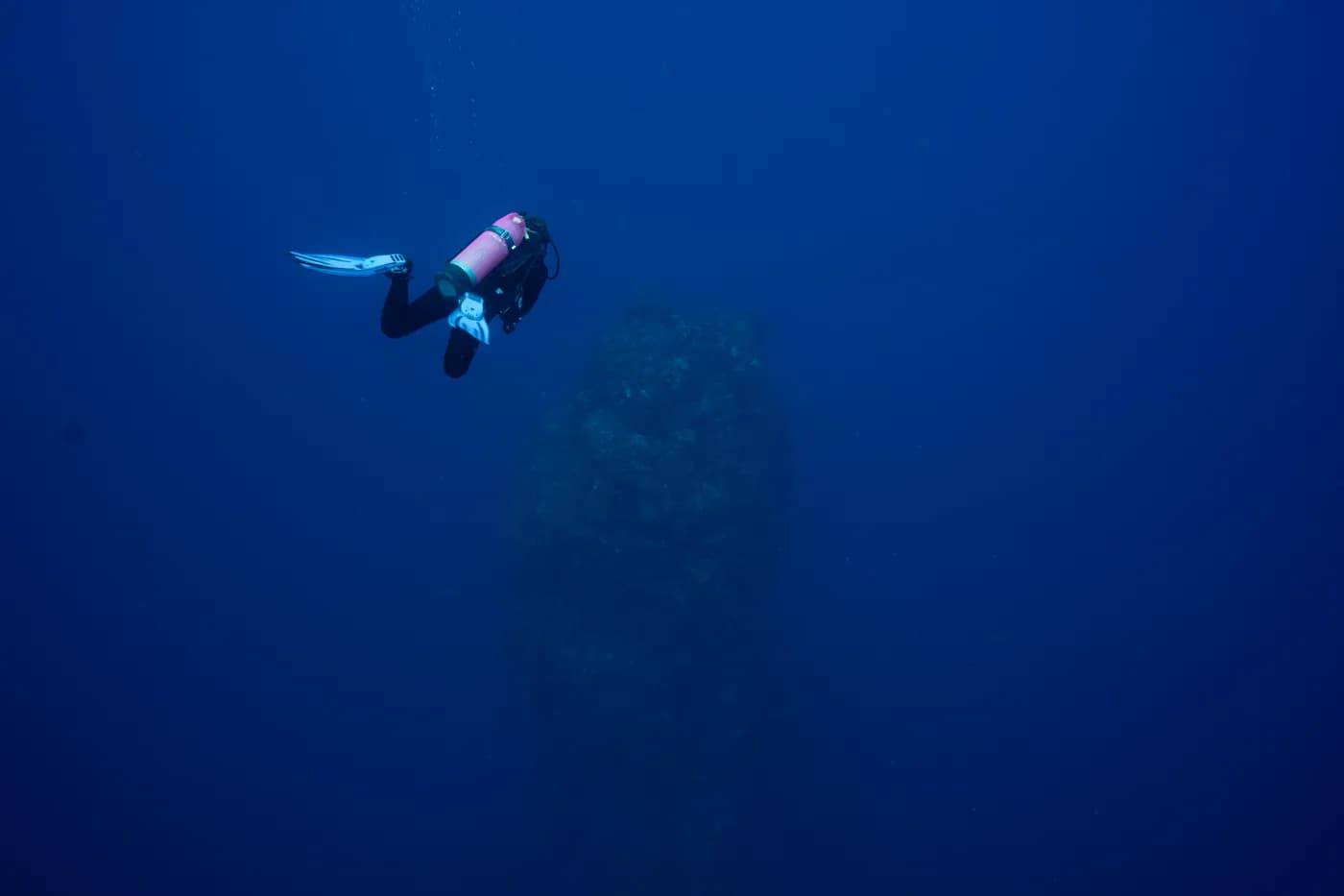 Diver above a coral-covered volcanic pinnacle in the Saba Marine Park.
