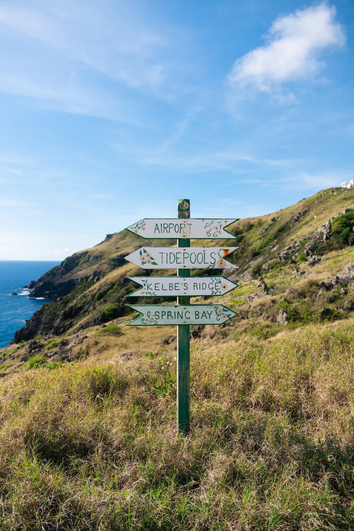 Trail signs marking hiking routes across Saba's rainforest and cloud forest
